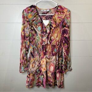 Zara | NWT Colorful Ruffled Long Sleeve Dress Size XS